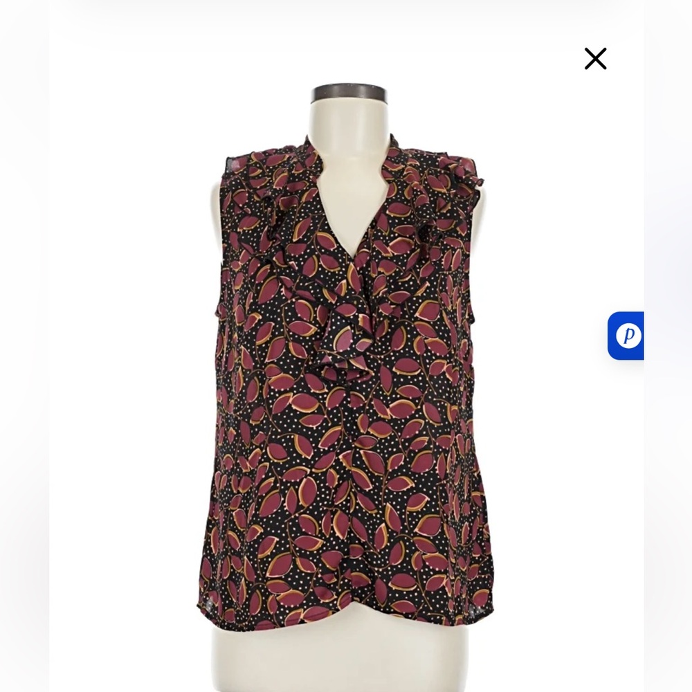 CAbi - Black Sleeveless Ruffle Shell with Burgundy/Gold Leaf Motif